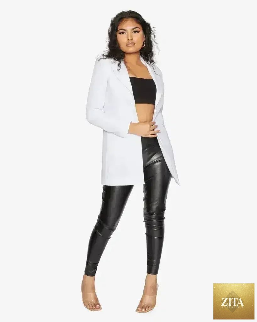 White Femstylo women's collared formal longline blazer, tailored blazer with lapels, perfect for professional or elegant occasions.