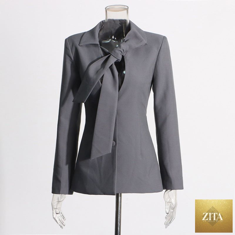 V-neck lace-up single-breasted women's blazer with tailored fit and stylish design, featuring lapels and long sleeves.