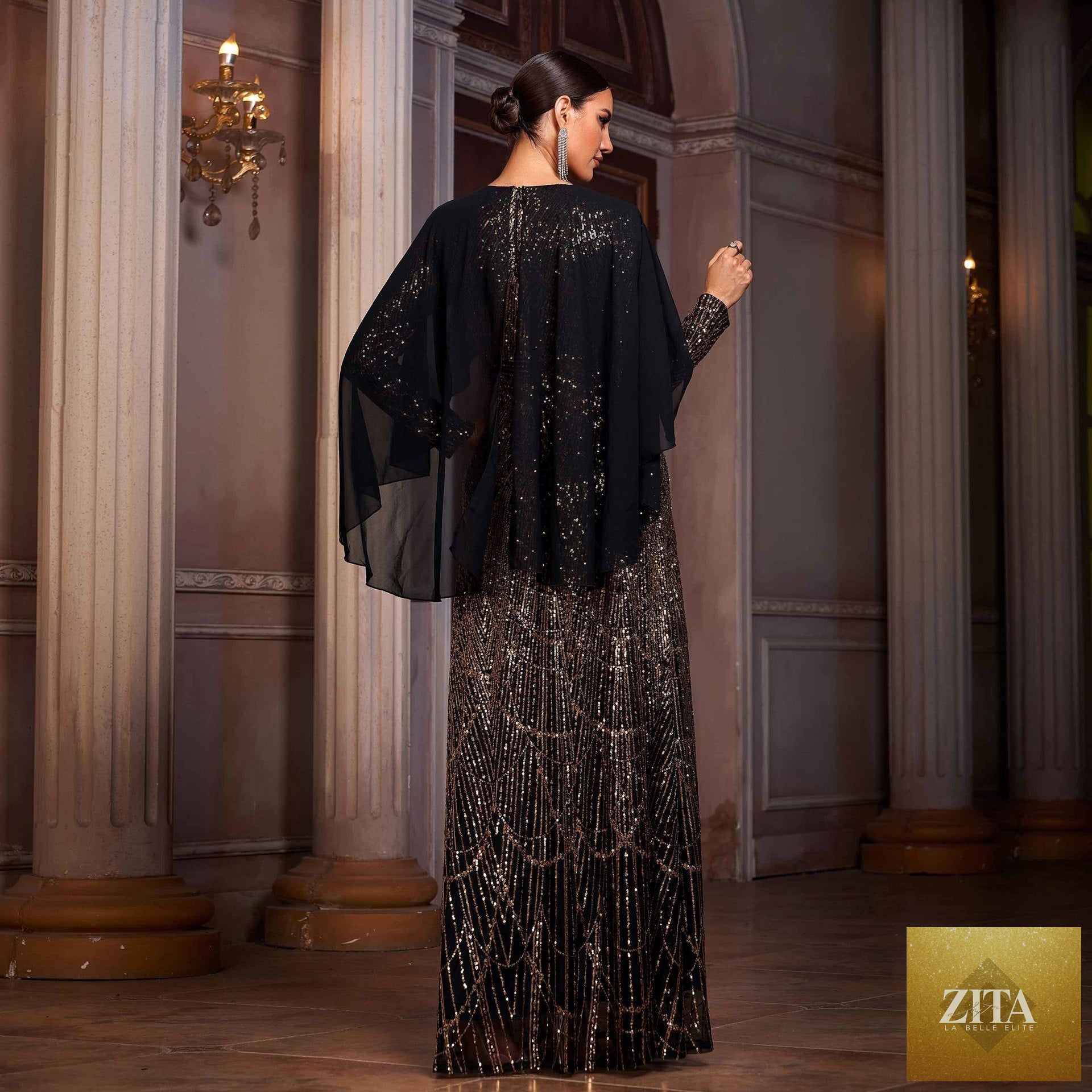 Elegant Long Sleeve Round Neck Shawl Banquet Sequined A- Line Evening Dress