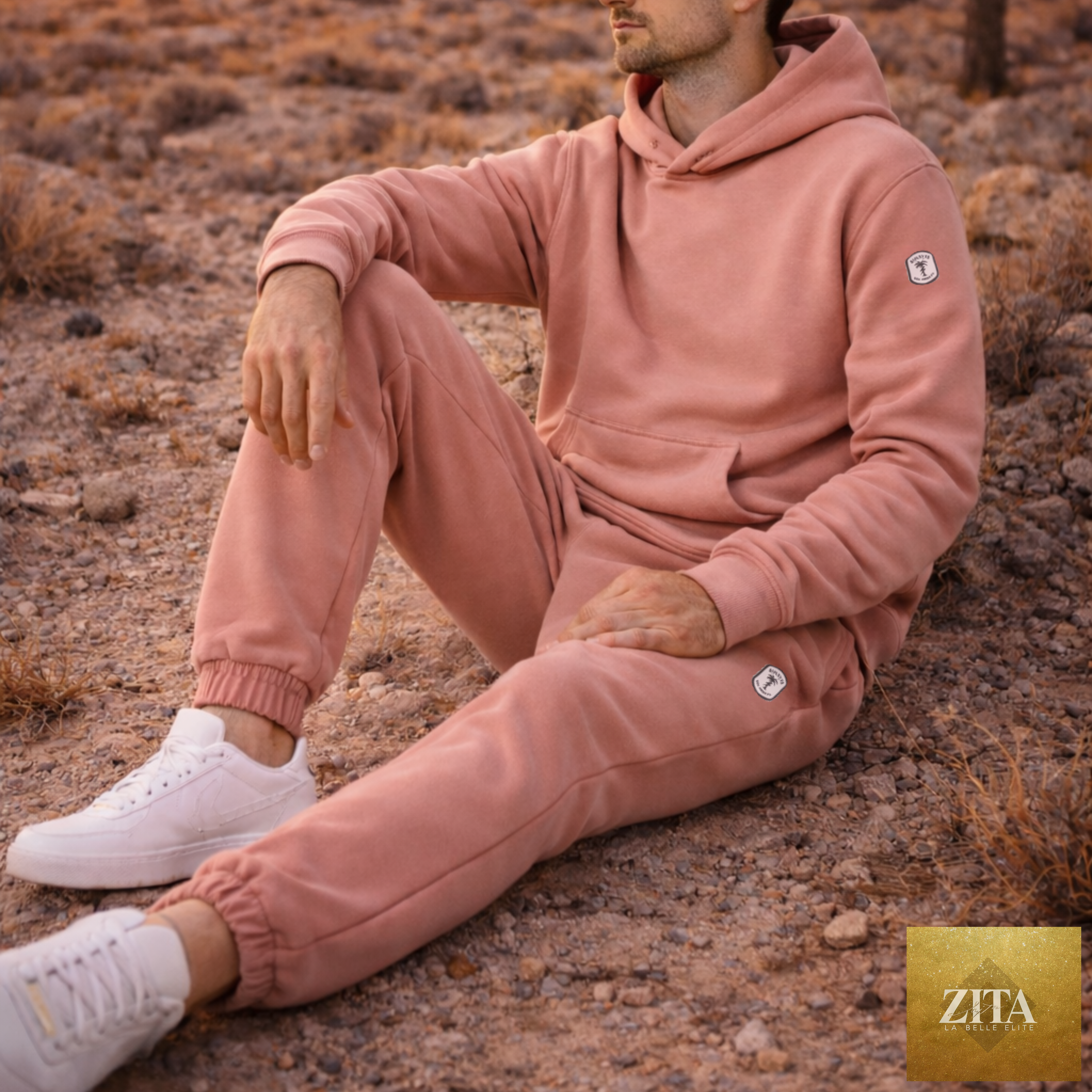 Kinetix Joshua Tree Sweatsuit in Desert Rose, casual luxury loungewear with soft fabric and stylish fit, shown in a comfortable pose.