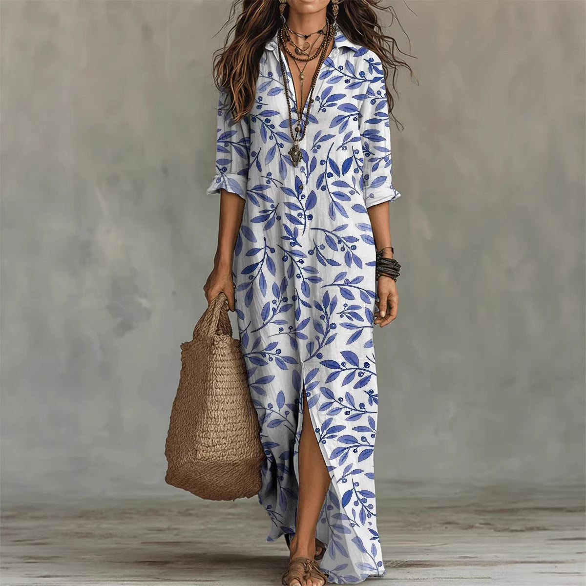 Digital print lapel midi shirt dress by FitiqueFit in five colors, featuring a casual, stylish design with a button front and relaxed fit.
