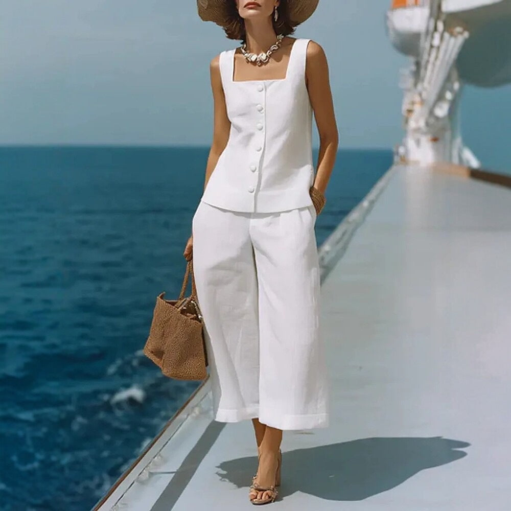 Women's Cotton Linen Square Neck Top & Capri Pants Set