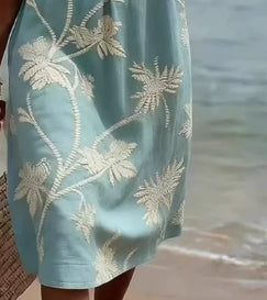 Women's resort V-neck dress with coconut print, loose fit, three-quarter sleeves, casualwear by FitiqueFit.