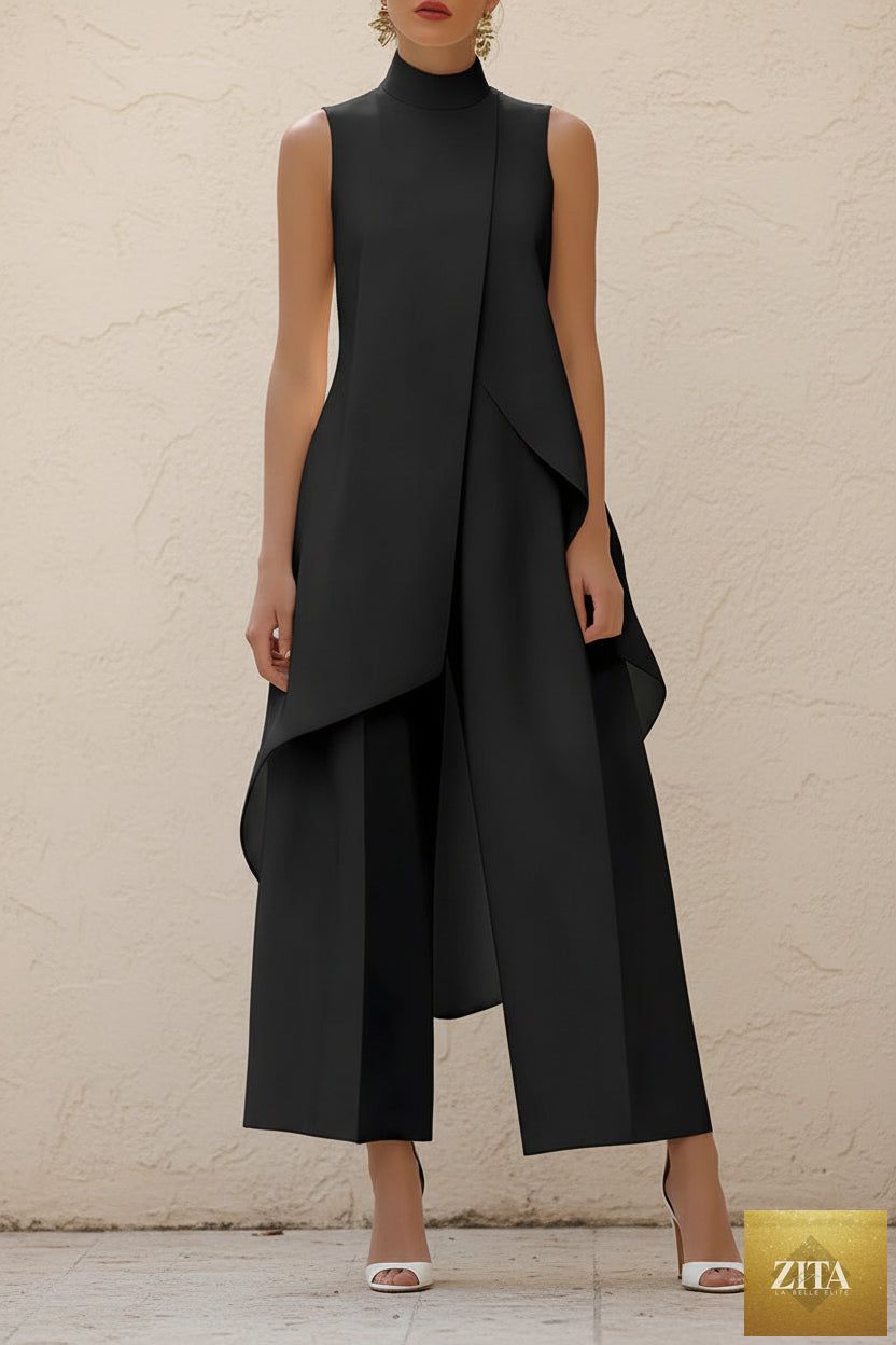 Women's Mock Turtleneck Sleeveless Asymmetric Cascade Drape Longline Top & Wide-Leg Cropped Trouser Set