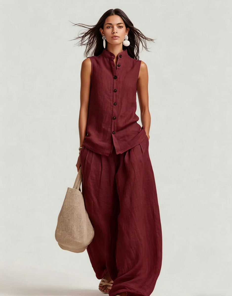 Women's casual sleeveless top and high-waist wide-leg pants set by FitiqueFit, featuring a stand collar and relaxed fit.