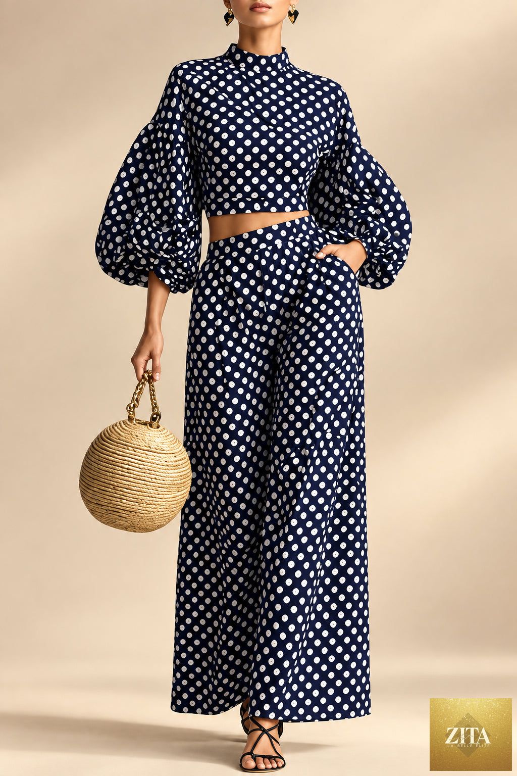 Women's 2-Piece Polka Dot Set – Lantern-Sleeve Mock-Neck Crop Top & High-Waisted Wide-Leg Trouser