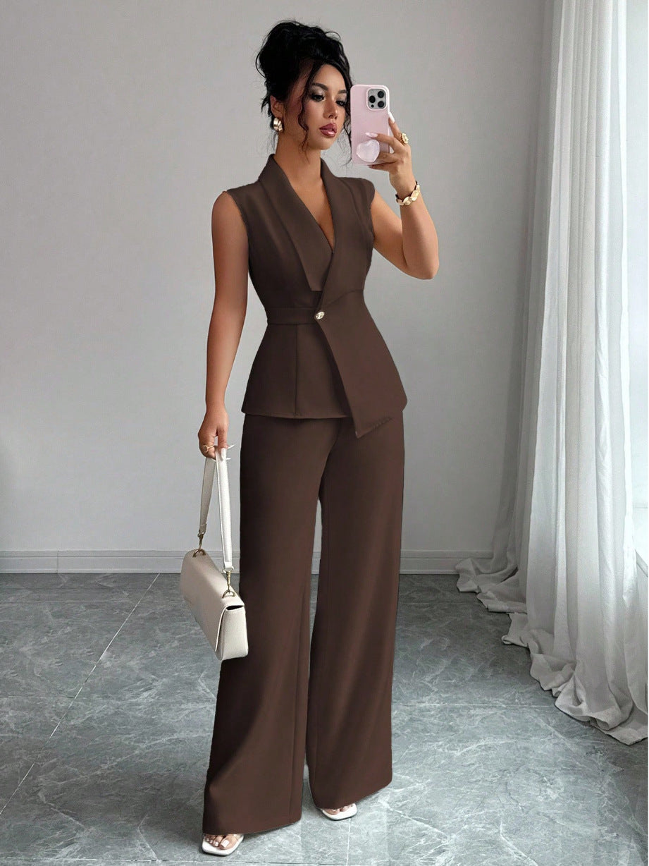 Women's sleeveless blazer and straight-leg pants two-piece casualwear set by FitiqueFit, modeled on a person standing outdoors.