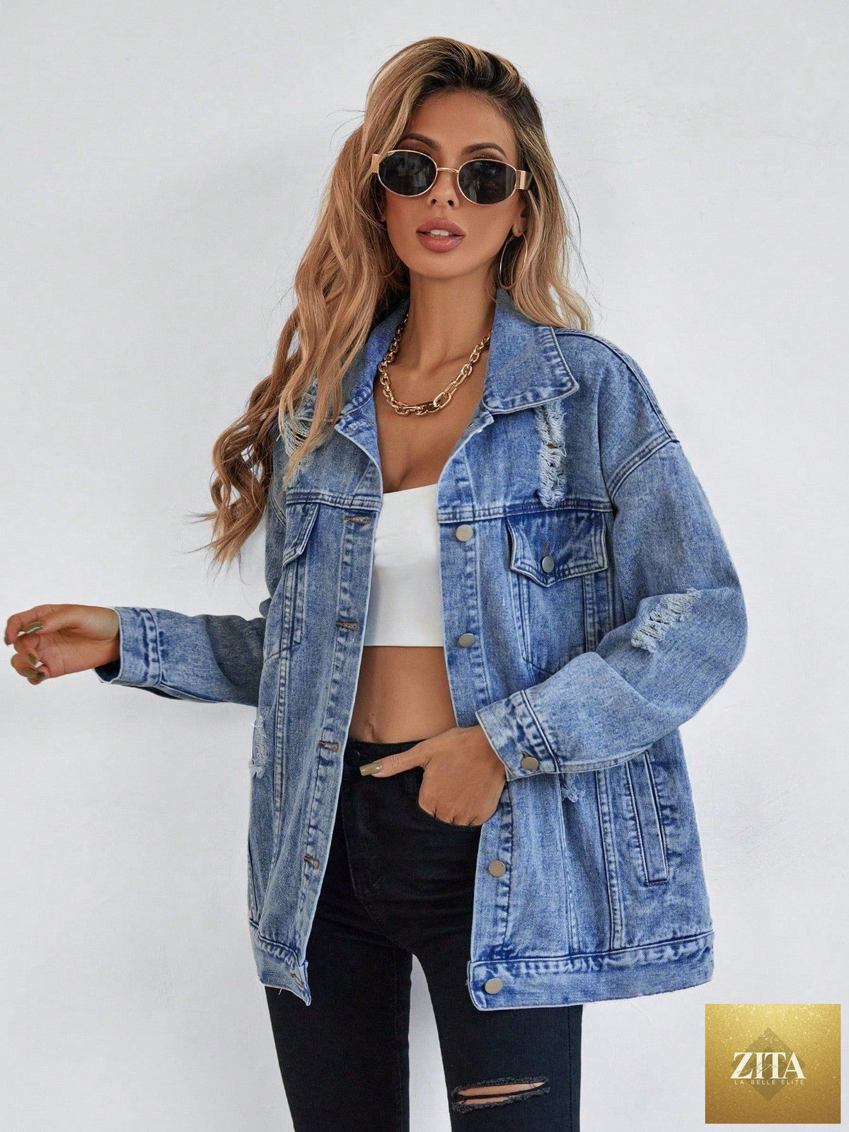 Women's Distressed Boyfriend Denim Jacket