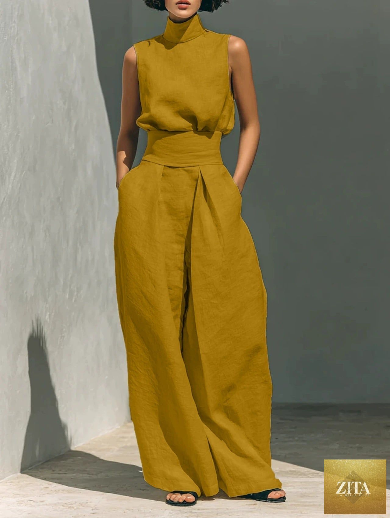 Women's linen-blend high-neck sleeveless top and wide-leg pants set by MERIDGE, displayed together in a stylish two-piece outfit.
