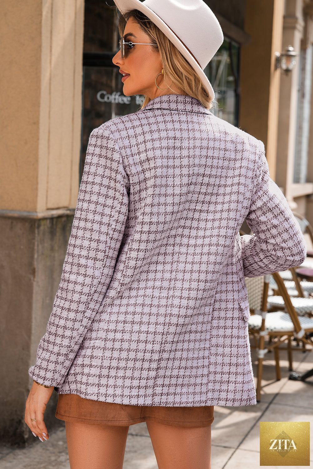 Burgundy tweed plaid blazer, elegant outerwear with tailored fit, from Unique Oils, shown on a model.