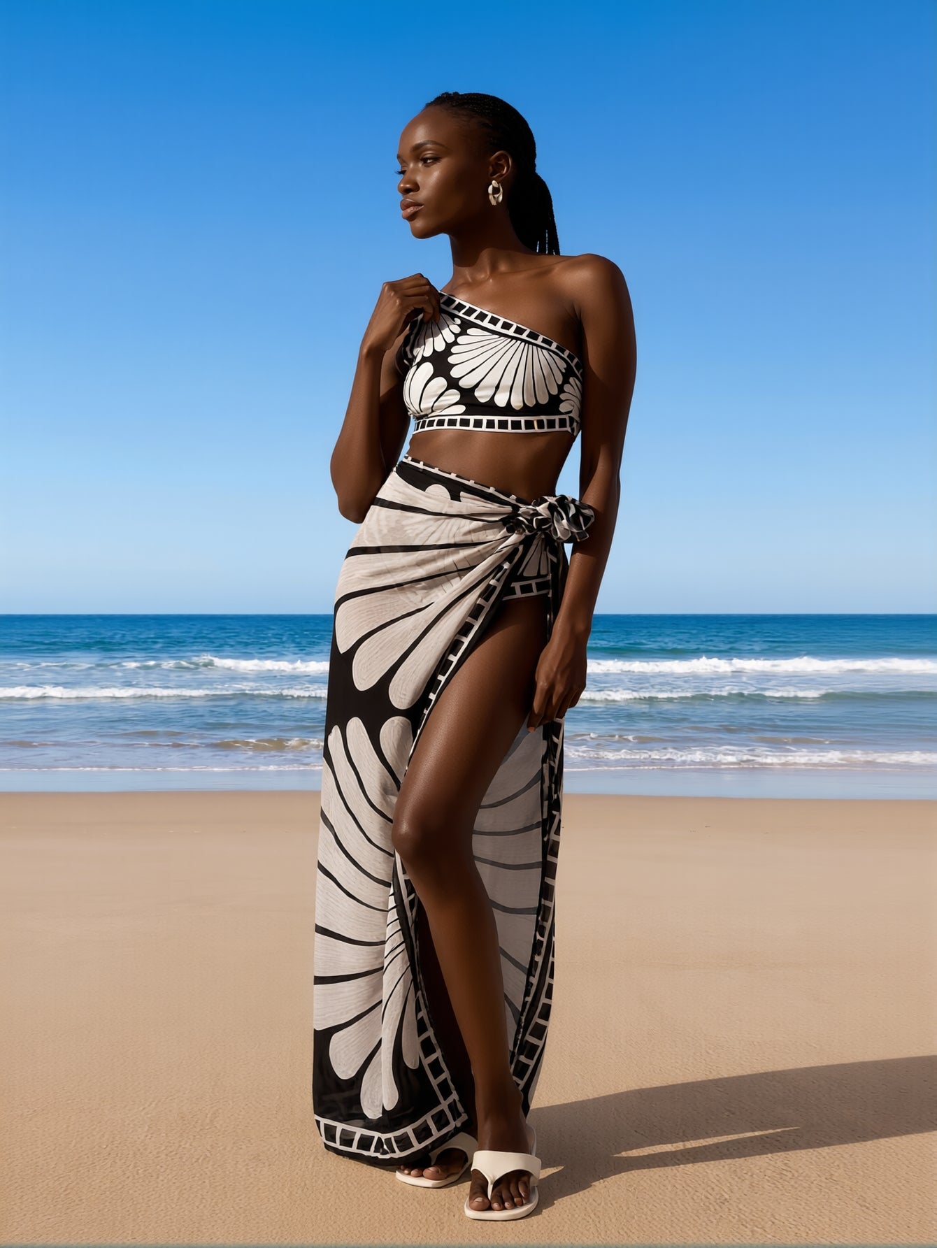 Women's high-neck swimsuit by FitiqueFit featuring built-in shelf bra, stylish beach swimwear designed for comfort and support.