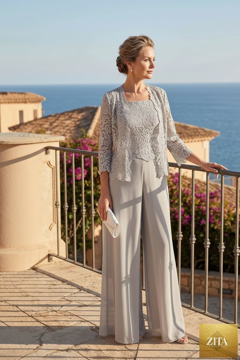 Women's floral lace jacket, top, and chiffon wide-leg pants set by MERIDGE in multiple colors, casual and formal wear ensemble.