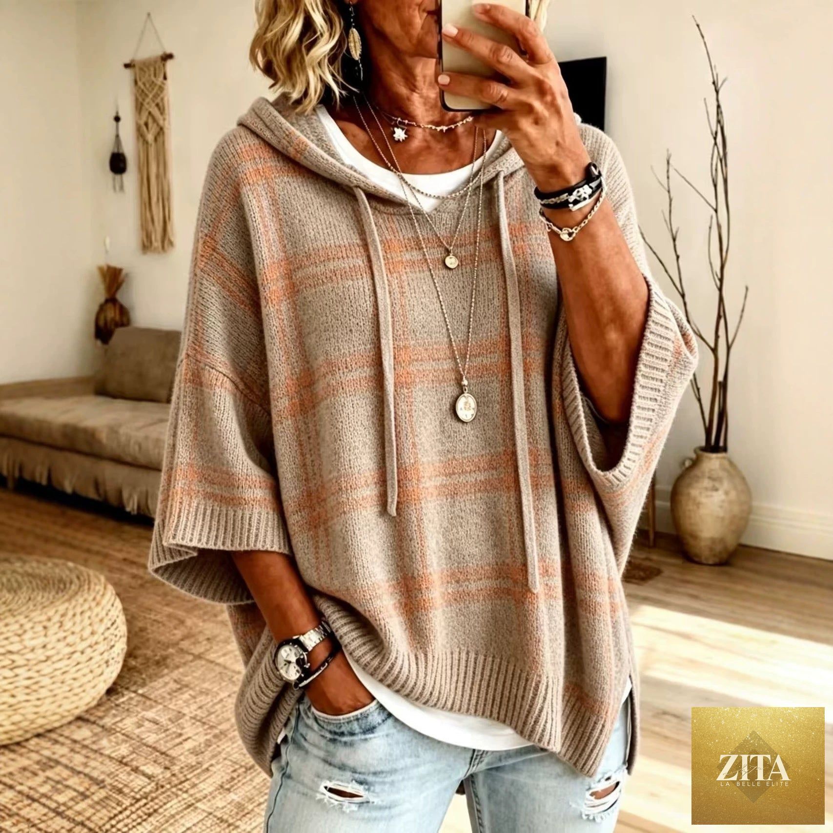 Plaid Knit Hooded Batwing Sweater