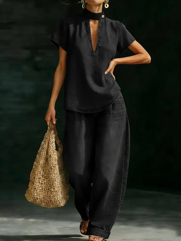 Faux Denim Two-Piece Set – Loose-Fit Short-Sleeve & Pants