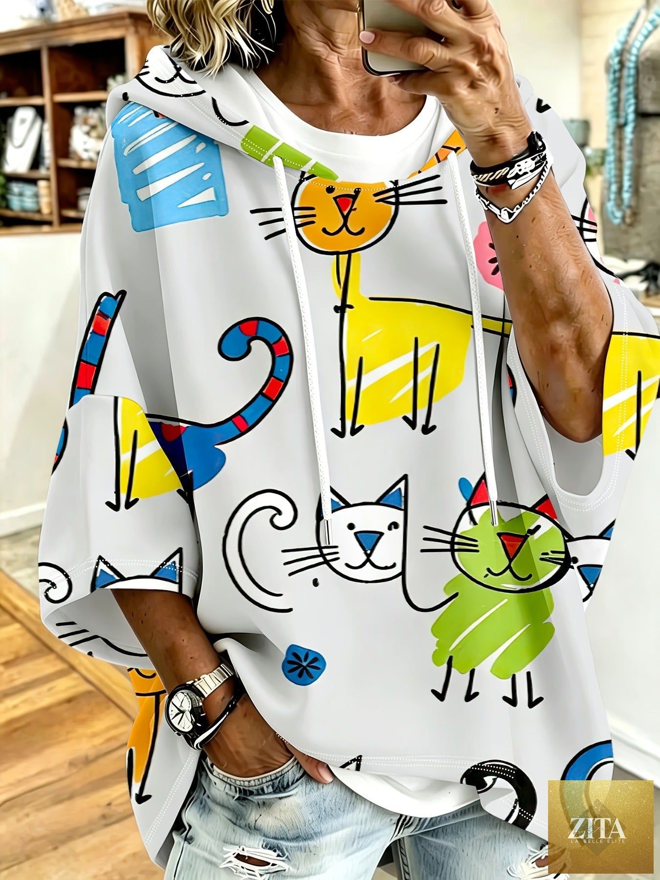 Cartoon Cat Print Hoodie with 3/4 Sleeves & Drawstring