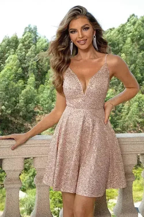 Sequin Spaghetti Strap Mini Dress | Sparkling Party Wear | Femstylo