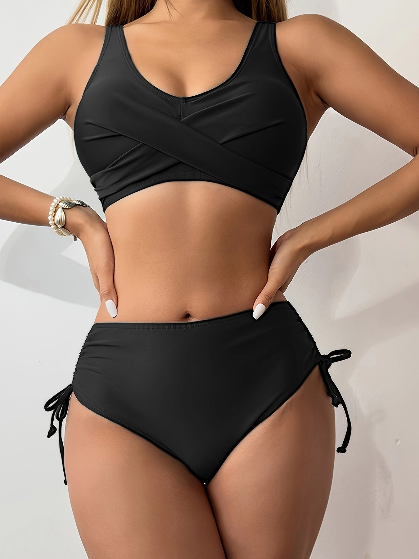 Stevvex bikini set featuring twist front V-neck, high waist, and tie-back design in solid color for beach and poolside summer fun.
