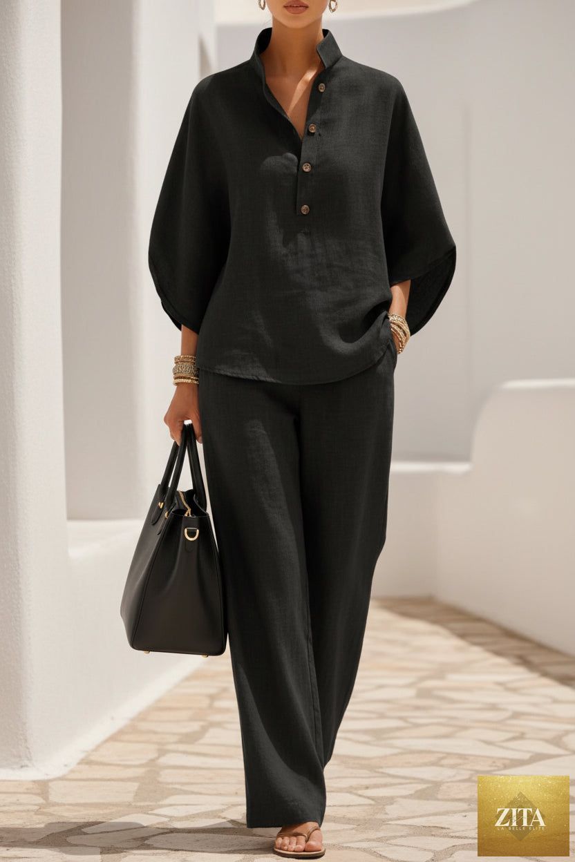 Women's linen-look stand collar batwing top and wide-leg pants set by MERIDGE, featuring a stylish two-piece outfit in natural fabric.