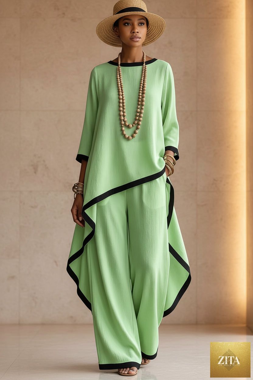 Women's Asymmetric Linen Tunic & Wide-Leg Pants Set