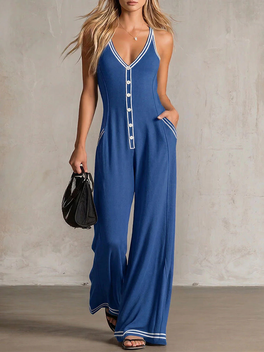 Women's FitiqueFit V-neck backless wide-leg jumpsuit with high waist, casualwear style, shown on a model in a relaxed pose.