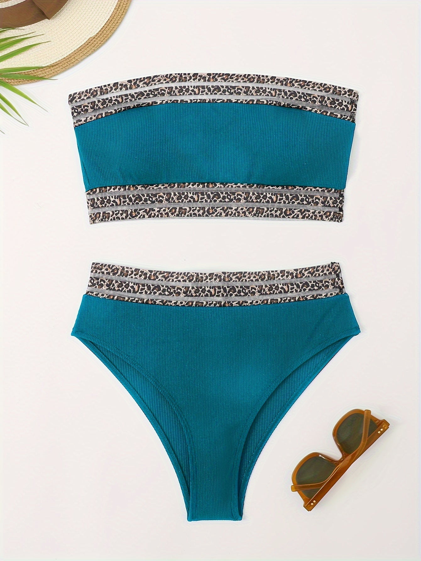 Stevvex leopard print high waist bandeau bikini set with mesh detail, showcasing a sexy, flattering swimwear design for women.