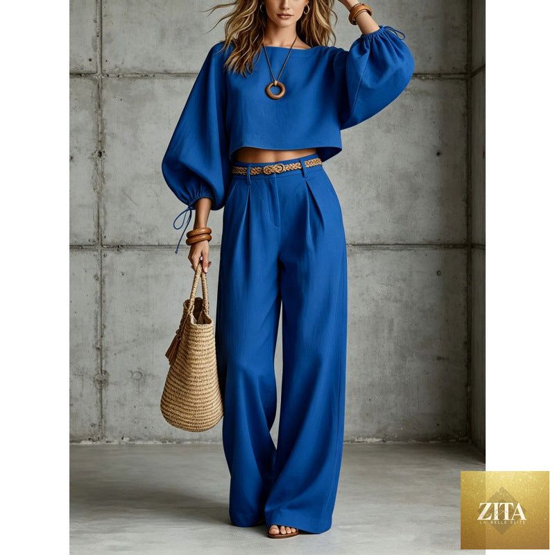 Women's Balloon Puff Sleeve Tie-Cuff Crop Top & Pleated Wide-Leg Trousers Set