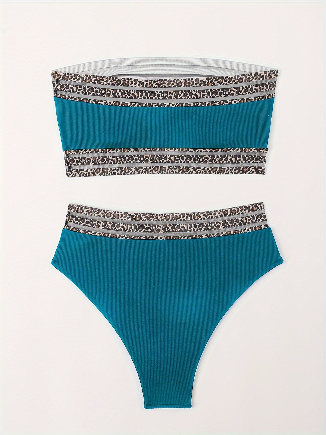 Stevvex bikini set with leopard print, high waist bandeau top, mesh details, and flattering fit for beach and poolside summer wear.