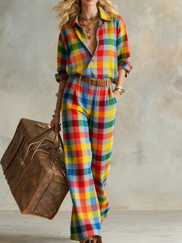 Women's vertical stripe collared long-sleeve shirt and wide-leg pants set by FitiqueFit, casualwear, featuring a relaxed fit and stylish design.