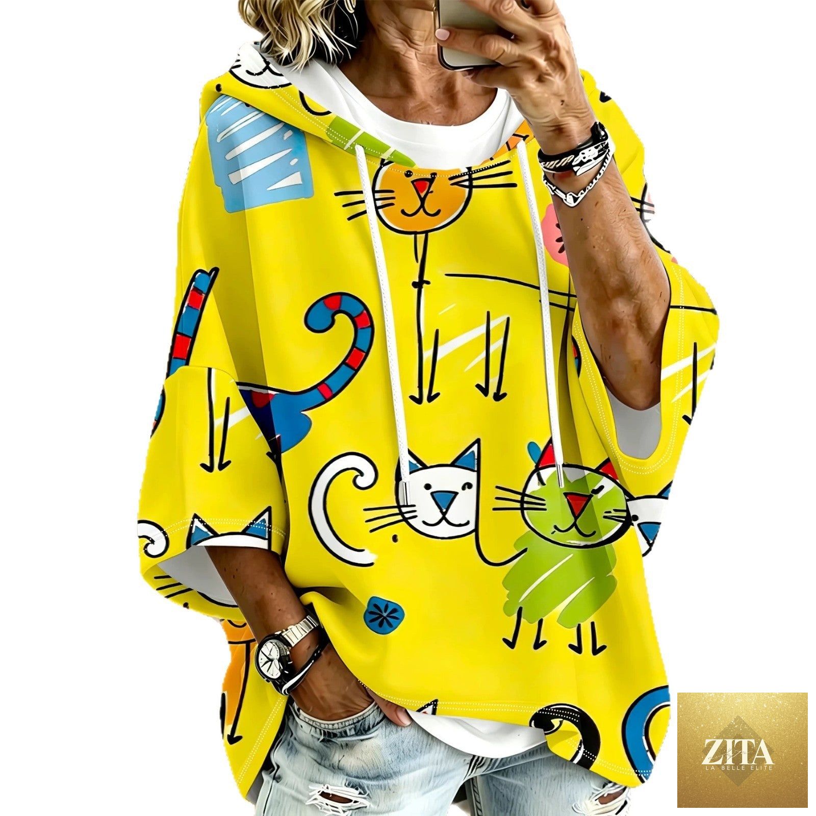 Cartoon Cat Print Hoodie with 3/4 Sleeves & Drawstring