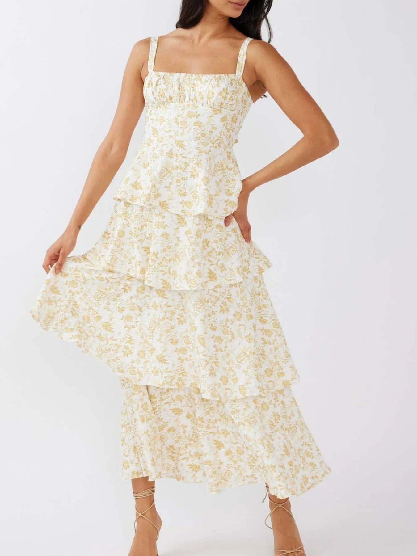 Floral layered ruffle maxi dress by Shopiebay featuring a flowing silhouette and vibrant floral print, perfect for summer wear.