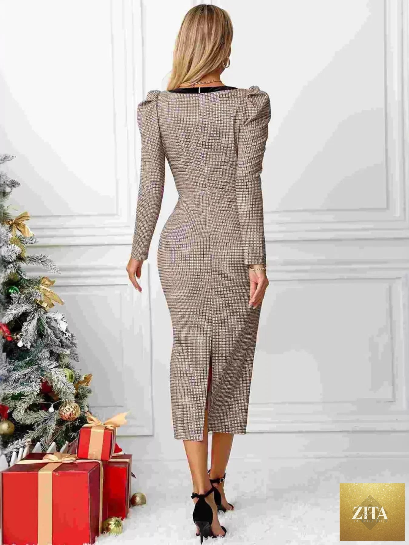 Houndstooth bow square neck dress by Shopiebay, featuring a classic pattern, fitted silhouette, and elegant bow detail at the neckline.