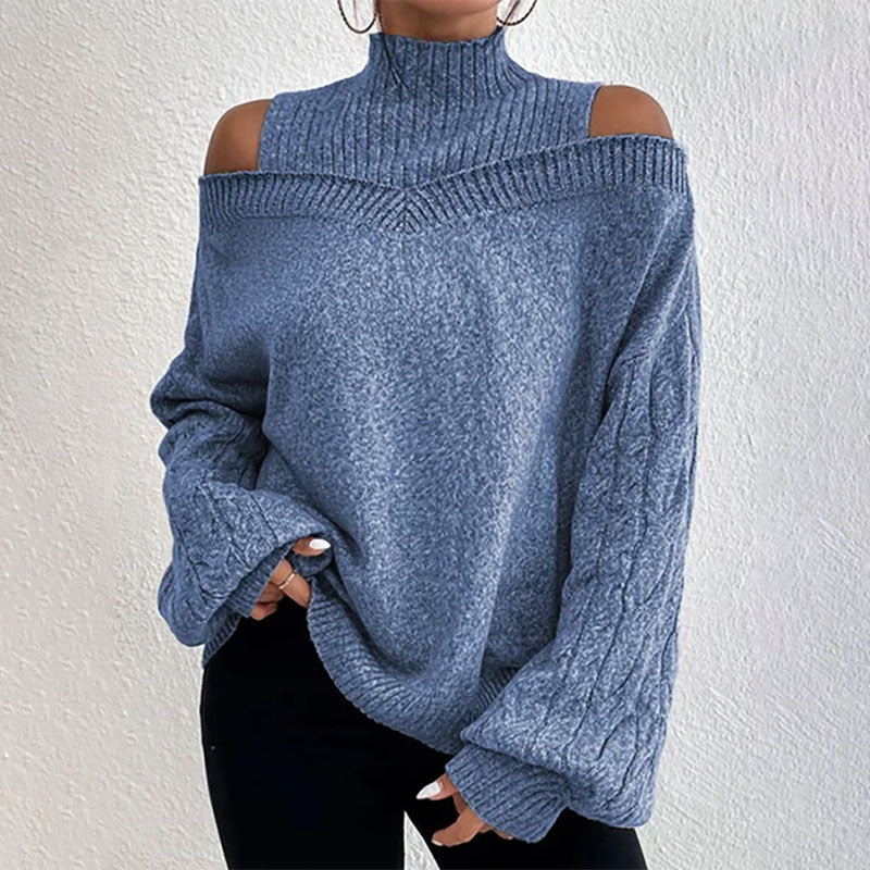 Women’s elegant off-shoulder turtleneck sweater by FitiqueFit, long sleeve knit casualwear for stylish comfort.
