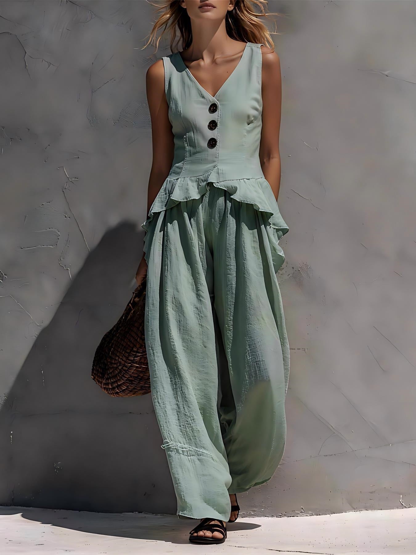 FitiqueFit ruffled tank top and draping wide-leg pants set in various colors, casualwear for women, size S–3XL.
