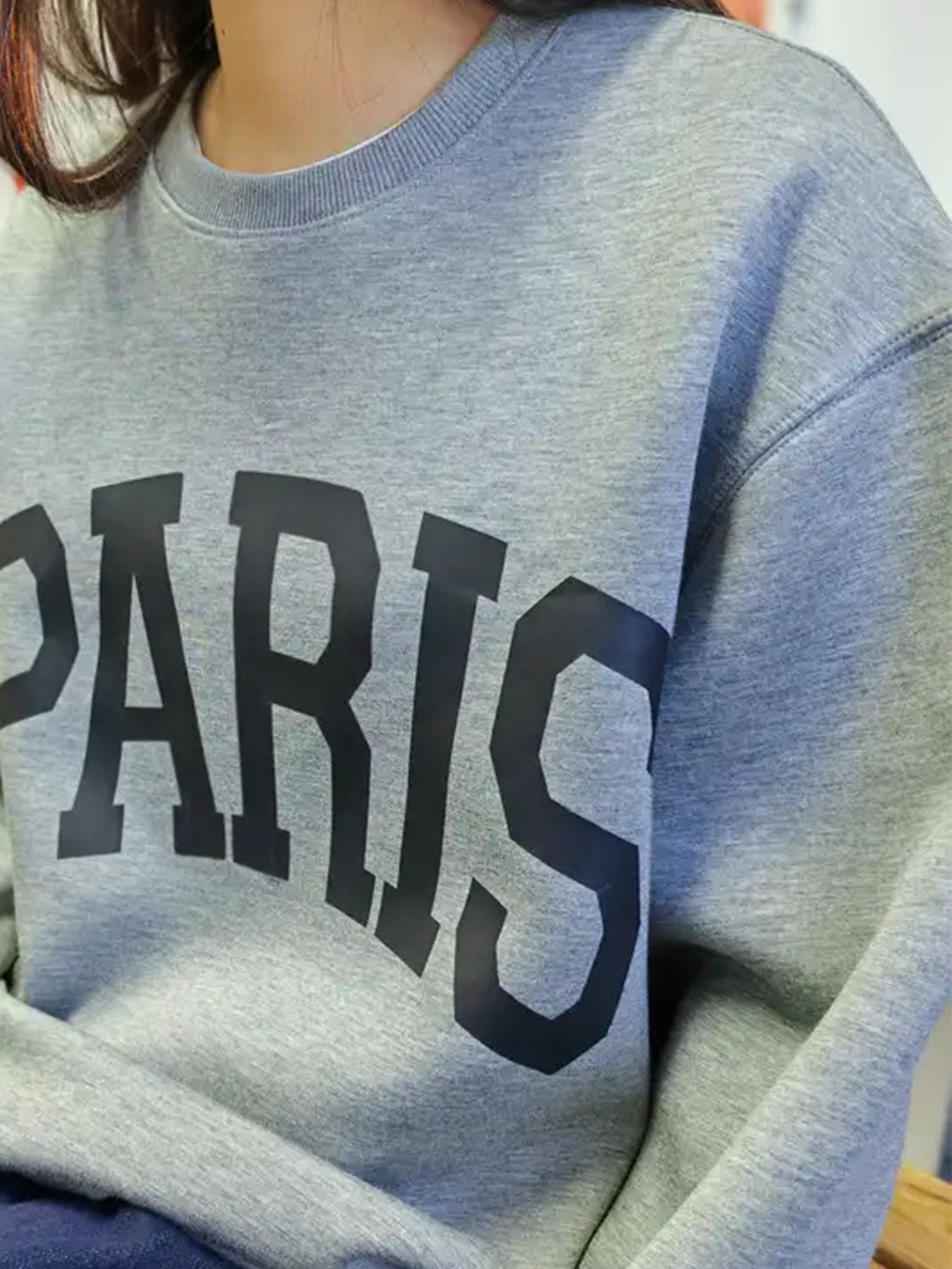 Basic Bae PARIS round neck long sleeve scuba sweatshirt, stylish black top with breathable air fabric and casual fit.