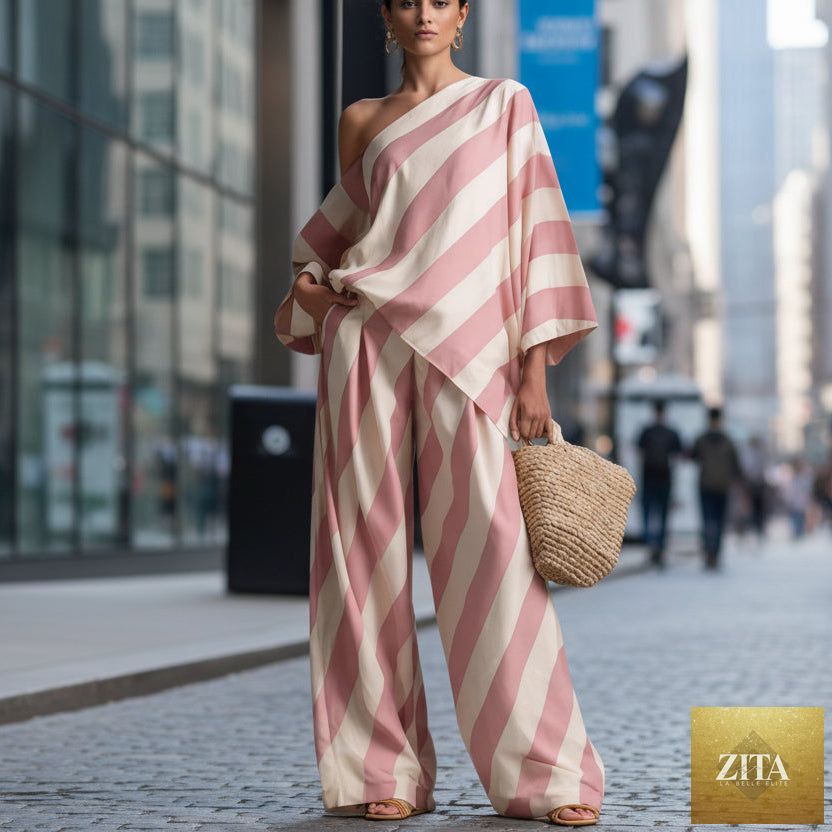 MERIDGE women's retro striped batwing top and wide-leg pants two-piece set, featuring bold stripes and relaxed fit.
