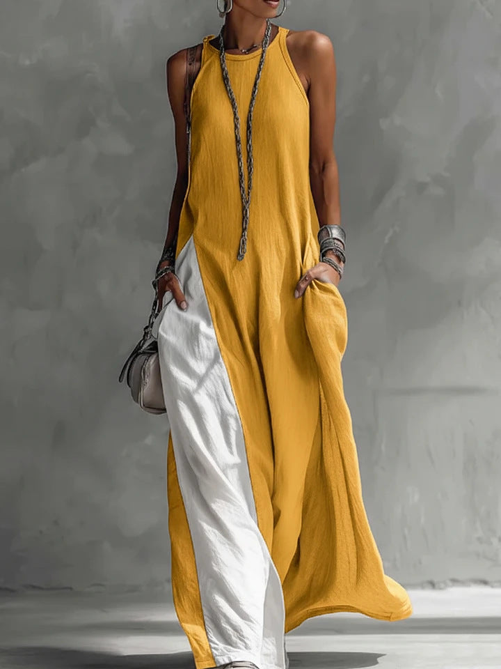 Women’s sleeveless off-shoulder loose maxi dress with pockets, casualwear from FitiqueFit, shown hanging on a mannequin.