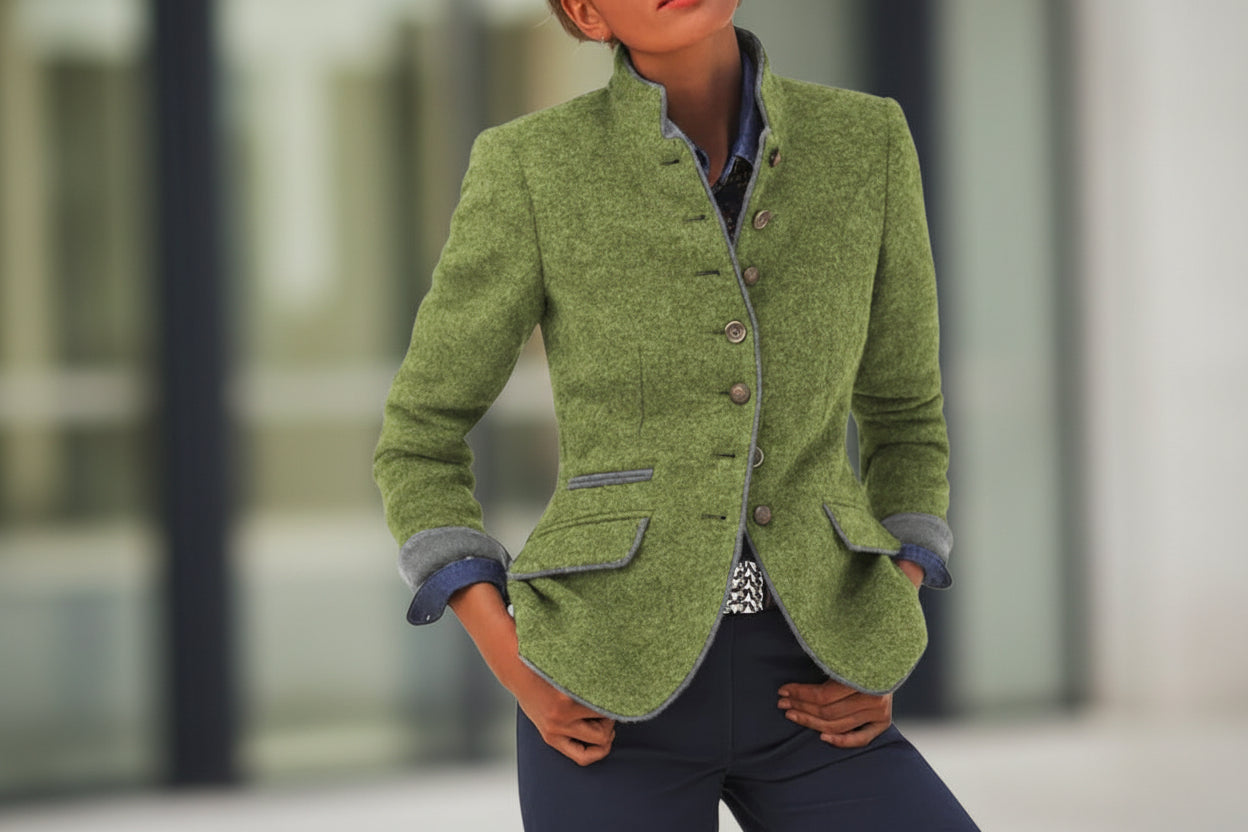 Women’s color-block woolen coat by FitiqueFit, casual elegant jacket with multi-buttons, showcasing a stylish and warm outerwear design.