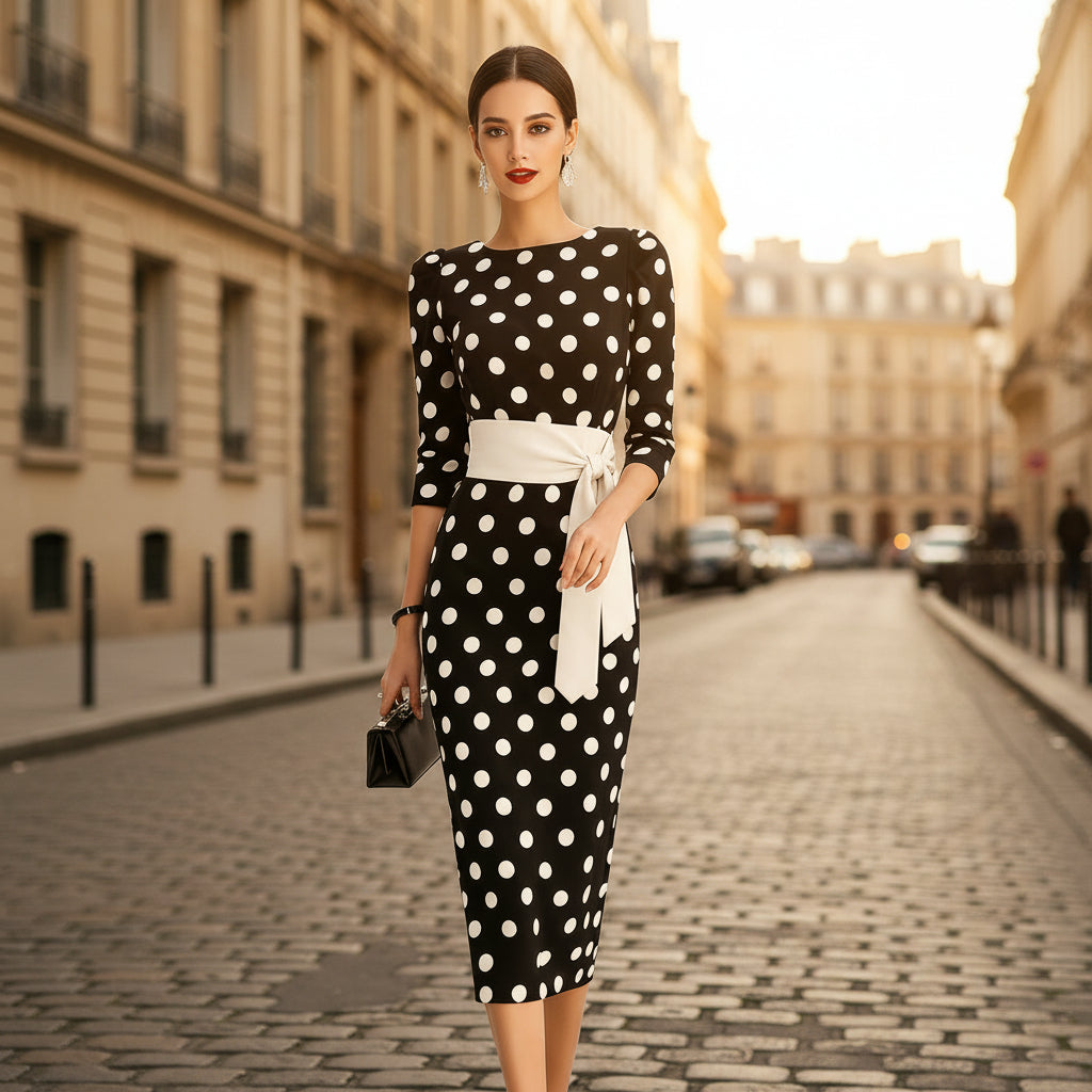 Women's retro polka-dot bodycon midi dress from FitiqueFit featuring a belted cross-tie for casualwear style.