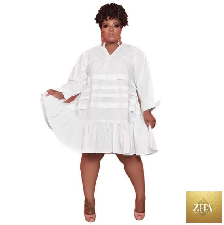 White women's oversized loose midi dress by EasyOptionXY, comfortable and stylish for casual wear.