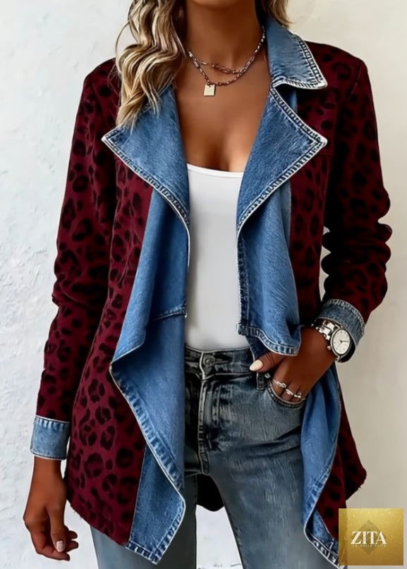 Patchwork denim collar women's long-sleeved mid-length coat by FitiqueFit, featuring a stylish patchwork design and classic denim details.