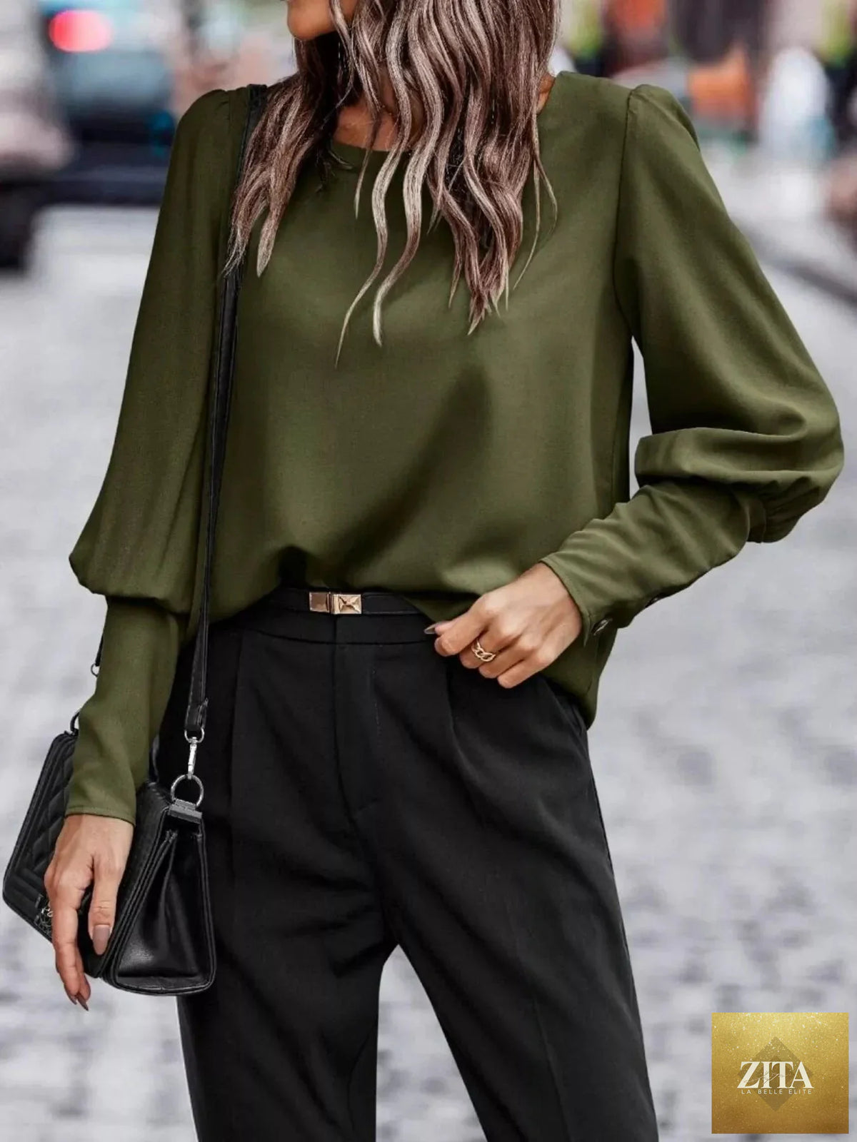 Simply Love back button lantern sleeve blouse featuring a relaxed fit and stylish design, shown in a front view.