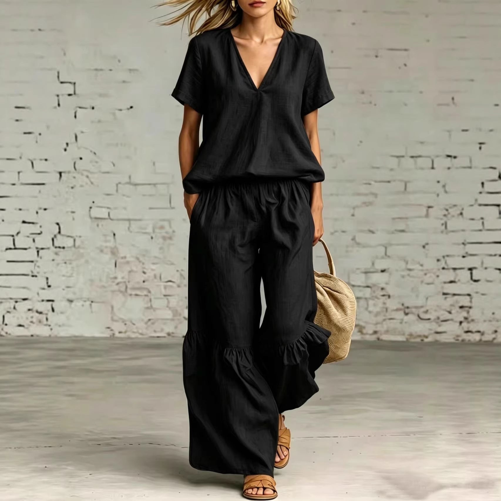 FitiqueFit casualwear V-neck loose short-sleeve top and pants set in multiple colors, available in sizes S to 5XL.