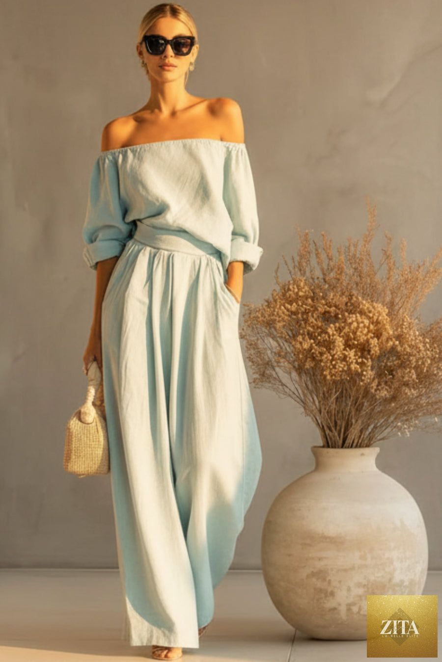 Women's Off-Shoulder Puff Sleeve Blouson Top & High-Rise Wide-Leg Pants Cotton-Linen Set