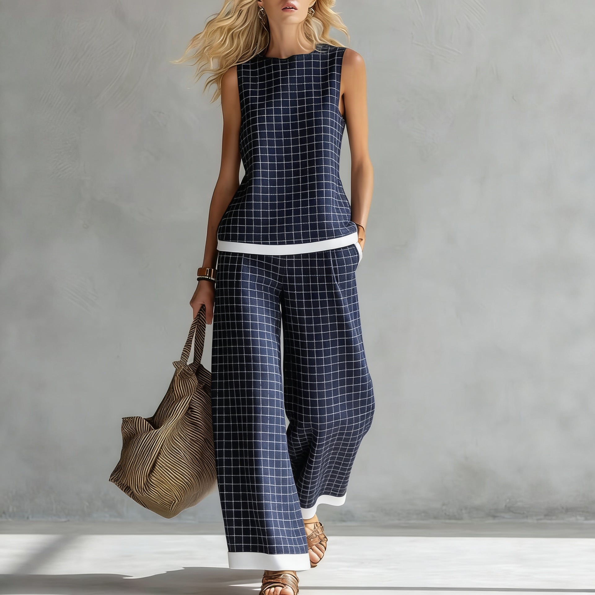 Women's sleeveless printed tank top and wide-leg pants casualwear set by FitiqueFit, shown in a relaxed fit and vibrant print.