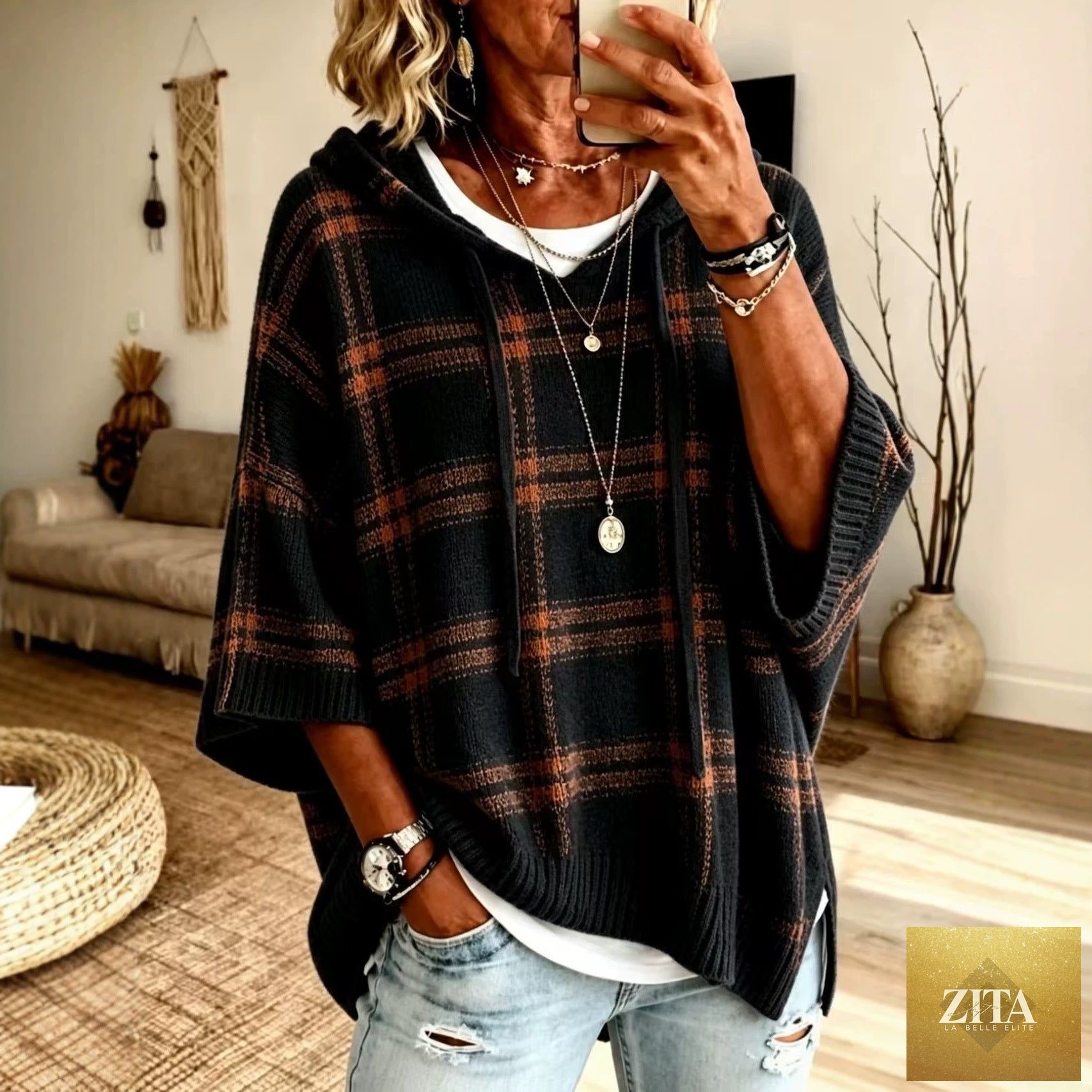 Plaid Knit Hooded Batwing Sweater