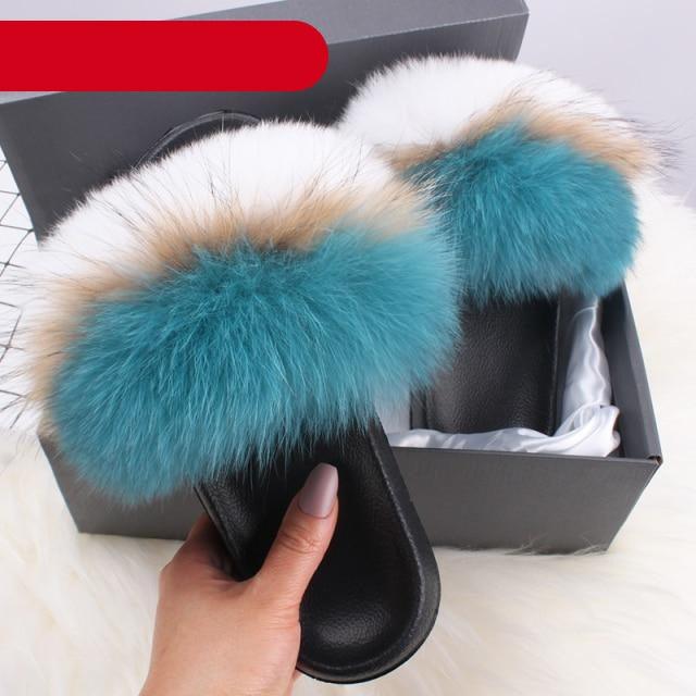 Stevvex women's indoor fur slippers with open toe, plush fox fur and fluffy fuzzy slides for cozy comfort and stylish indoor wear.