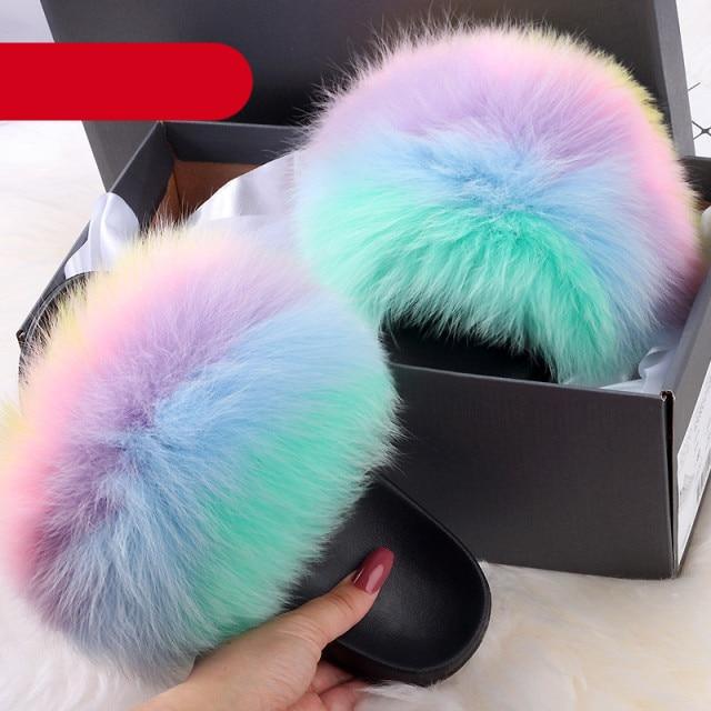 Stevvex women's indoor fur slippers with plush fluffy open-toe design, fox fur accents, furry slides, and slip-on style.