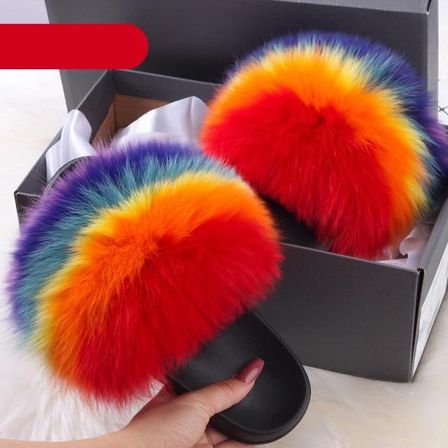Elegant indoor fur slippers for women featuring plush, fuzzy fur, open toe design, slip-on style, and soft fur details.