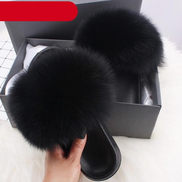 Stevvex women's indoor fur slippers with open toes, plush fuzzy fur, slide design, featuring fox fur accents and feather details.