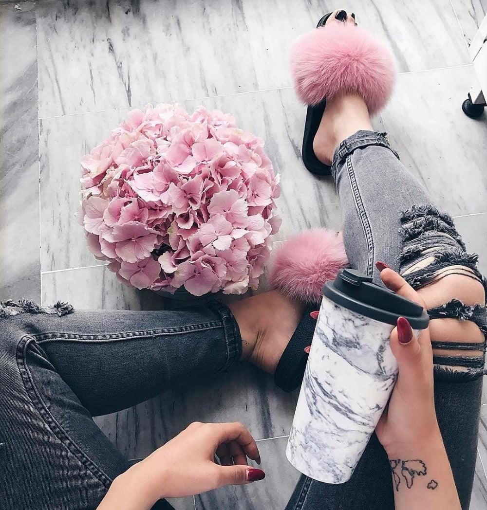 Stevvex women's indoor fur slippers with plush open-toe design, featuring fluffy fox fur and soft slip-on style.